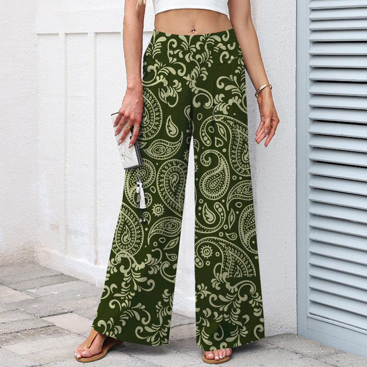 Buddha Stones Pantaloni da donna a gamba larga con elastico in vita e tasche, in cotone e lino, con fantasia paisley vintage. - image 5