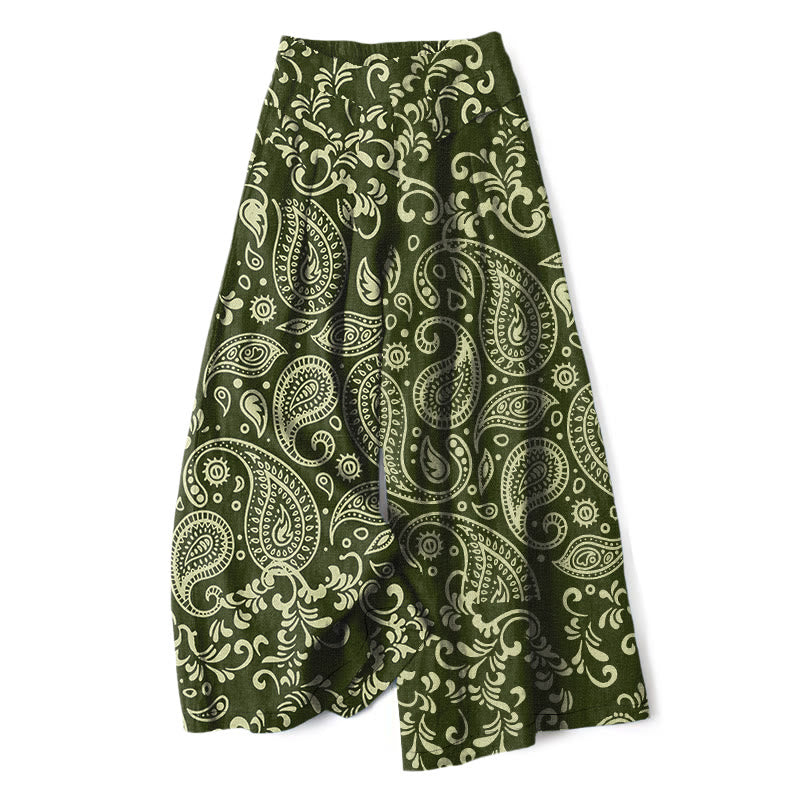 Buddha Stones Pantaloni da donna a gamba larga con elastico in vita e tasche, in cotone e lino, con fantasia paisley vintage. - Verde oliva - US16, UK/AU20, EU48 (3XL) - image 4