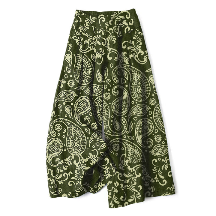 Buddha Stones Pantaloni da donna a gamba larga con elastico in vita e tasche, in cotone e lino, con fantasia paisley vintage. - Verde oliva - US16, UK/AU20, EU48 (3XL) - image 4