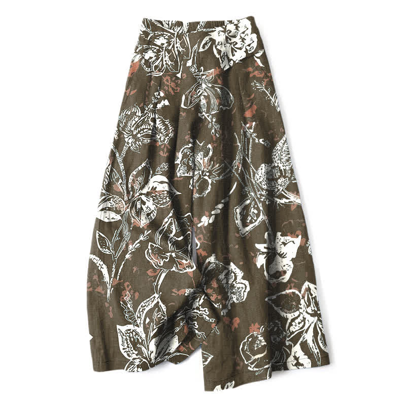 Buddha Stones Pantaloni da donna a gamba larga, in cotone e lino, stile vintage, con fantasia floreale bianca e vita elasticizzata, con tasche. - Oliva - US16, UK/AU20, EU48 (3XL) - image 4