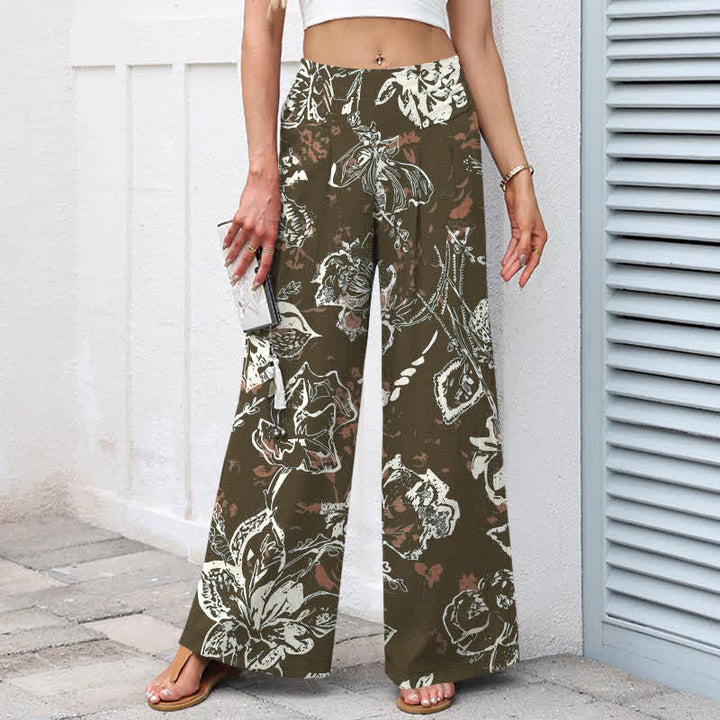 Buddha Stones Pantaloni da donna a gamba larga, in cotone e lino, stile vintage, con fantasia floreale bianca e vita elasticizzata, con tasche. - image 5