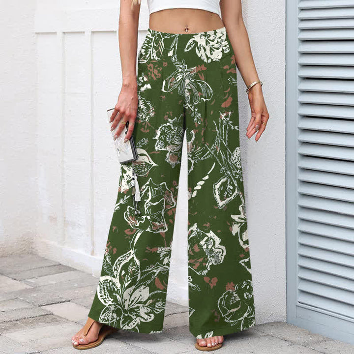 Buddha Stones Pantaloni da donna a gamba larga, in cotone e lino, stile vintage, con fantasia floreale bianca e vita elasticizzata, con tasche. - image 7