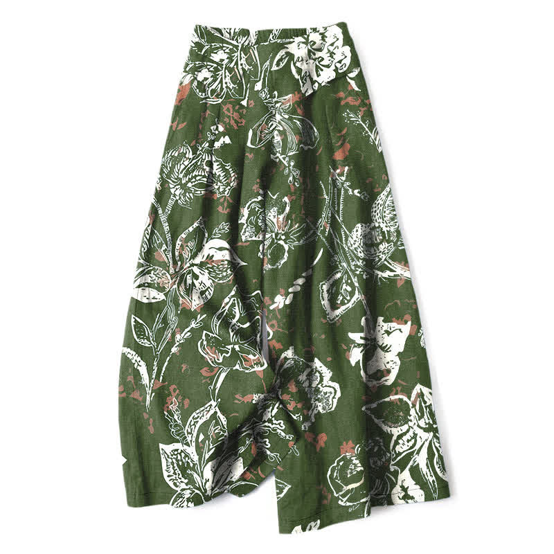 Buddha Stones Pantaloni da donna a gamba larga, in cotone e lino, stile vintage, con fantasia floreale bianca e vita elasticizzata, con tasche. - Verde oliva - US16, UK/AU20, EU48 (3XL) - image 6