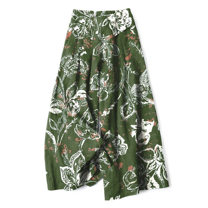 Buddha Stones Pantaloni da donna a gamba larga, in cotone e lino, stile vintage, con fantasia floreale bianca e vita elasticizzata, con tasche. - Verde oliva - US16, UK/AU20, EU48 (3XL) - image 6