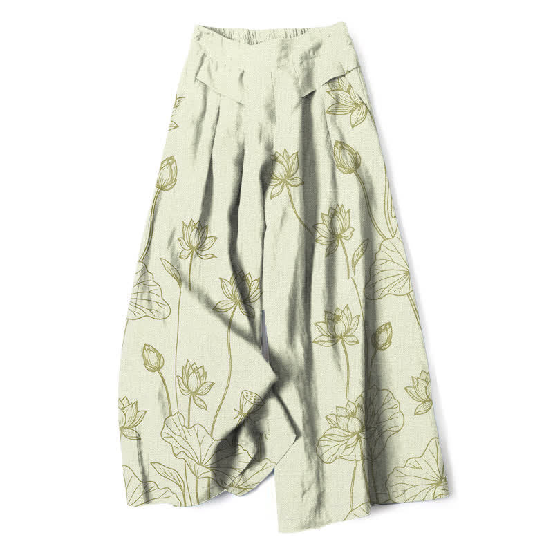 Buddha Stones Pantaloni da donna a gamba larga con elastico in vita e tasche, in cotone e lino, con motivo vintage a loto e disegno a linee. - Melata - US16, UK/AU20, EU48 (3XL) - image 4