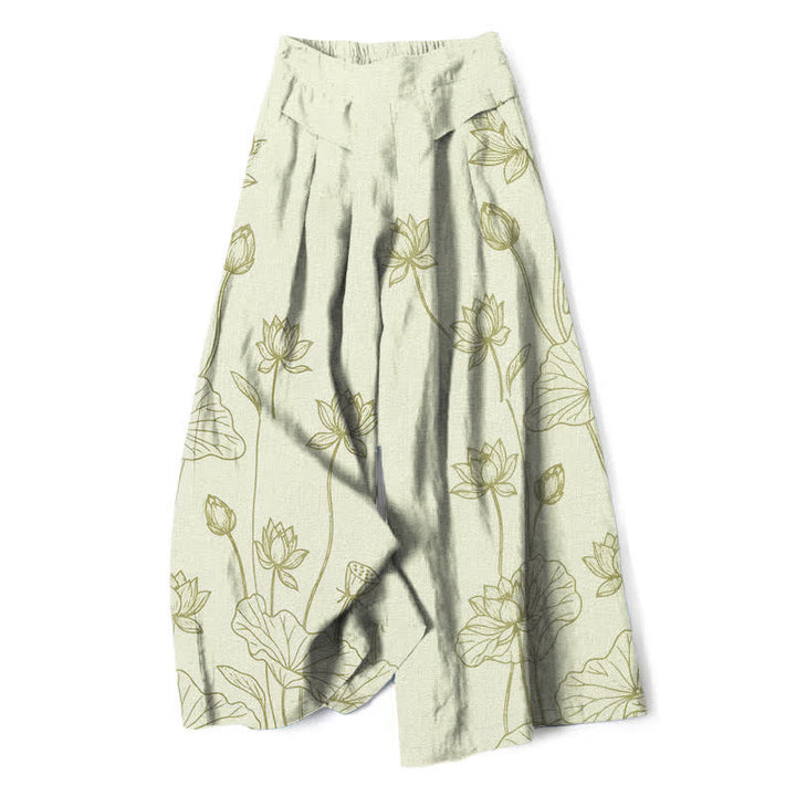 Buddha Stones Pantaloni da donna a gamba larga con elastico in vita e tasche, in cotone e lino, con motivo vintage a loto e disegno a linee. - Melata - US16, UK/AU20, EU48 (3XL) - image 4