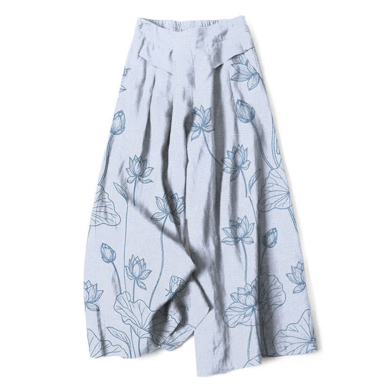 Buddha Stones Pantaloni da donna a gamba larga con elastico in vita e tasche, in cotone e lino, con motivo vintage a loto e disegno a linee. - AliceBlue - US16, UK/AU20, EU48 (3XL) - image 6