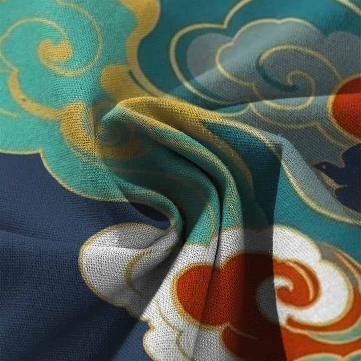 Buddha Stones Pantaloni da donna in cotone e lino con elastico in vita e gamba larga, fantasia "Fenice e Nuvole", con tasche. - image 3