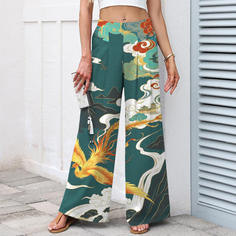 Buddha Stones Pantaloni da donna in cotone e lino con elastico in vita e gamba larga, fantasia "Fenice e Nuvole", con tasche. - image 5