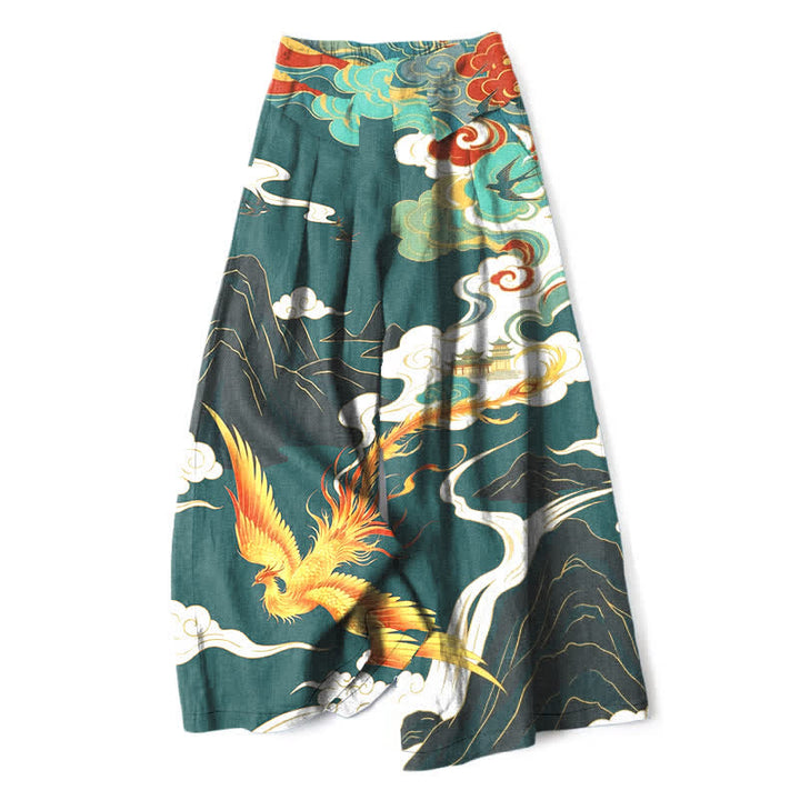 Buddha Stones Pantaloni da donna in cotone e lino con elastico in vita e gamba larga, fantasia "Fenice e Nuvole", con tasche. - Verde acqua - US16, UK/AU20, EU48 (3XL) - image 4