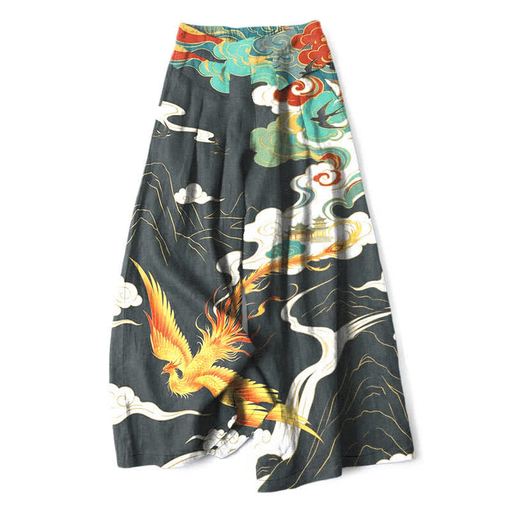 Buddha Stones Pantaloni da donna in cotone e lino con elastico in vita e gamba larga, fantasia "Fenice e Nuvole", con tasche. - Grigio ardesia - US16, UK/AU20, EU48 (3XL) - image 6