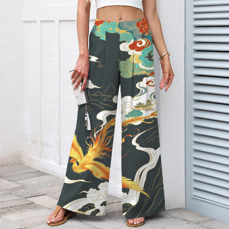 Buddha Stones Pantaloni da donna in cotone e lino con elastico in vita e gamba larga, fantasia "Fenice e Nuvole", con tasche. - image 7
