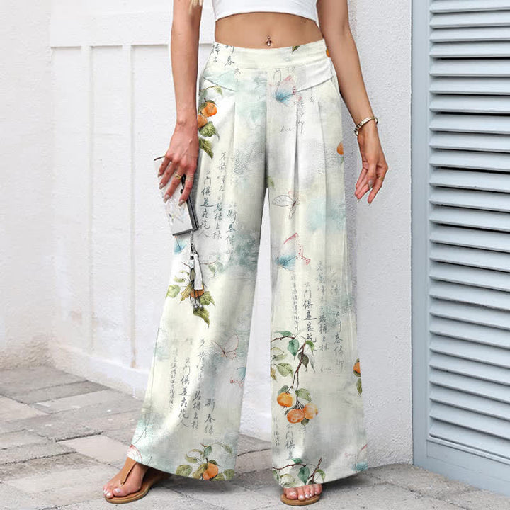 Buddha Stones Pantaloni da donna in cotone e lino con elastico in vita e gamba larga, fantasia vintage a farfalle e agrumi, con motivo a vita alta e tasche. - image 1