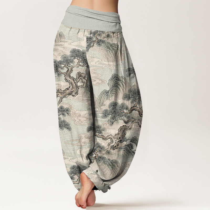 Buddha Stones Pantaloni harem da donna in cotone con stampa paesaggistica e lavaggio a inchiostro, con elastico in vita. - image 2