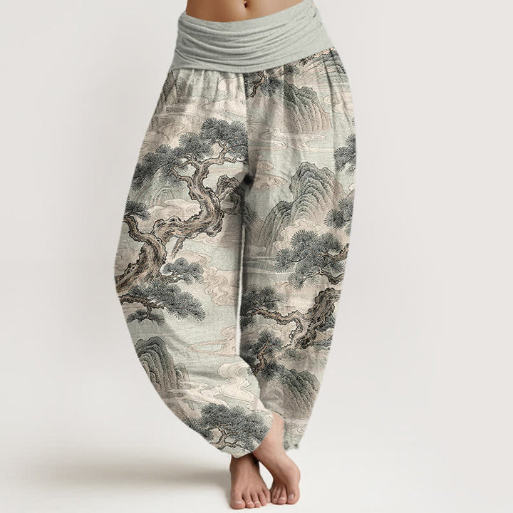 Buddha Stones Pantaloni harem da donna in cotone con stampa paesaggistica e lavaggio a inchiostro, con elastico in vita. - Grigio chiaro - US16, UK/AU20, EU48 (3XL) - image 0