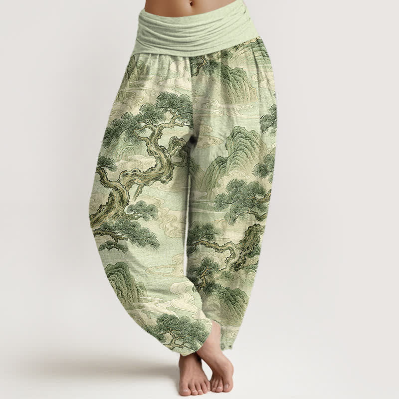 Buddha Stones Pantaloni harem da donna in cotone con stampa paesaggistica e lavaggio a inchiostro, con elastico in vita. - Verde pallido - US16, UK/AU20, EU48 (3XL) - image 5