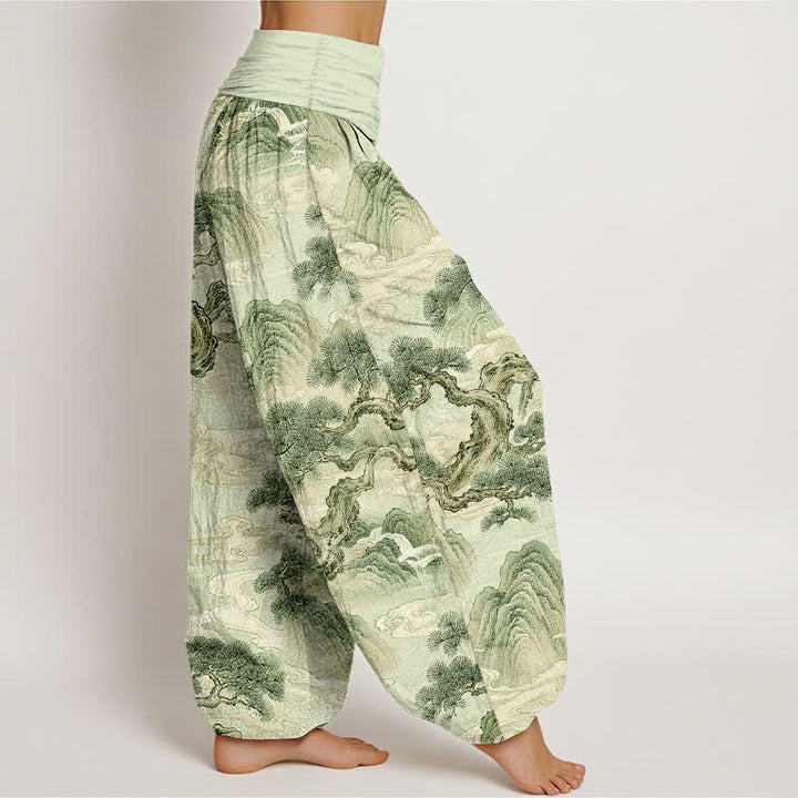Buddha Stones Pantaloni harem da donna in cotone con stampa paesaggistica e lavaggio a inchiostro, con elastico in vita. - image 6