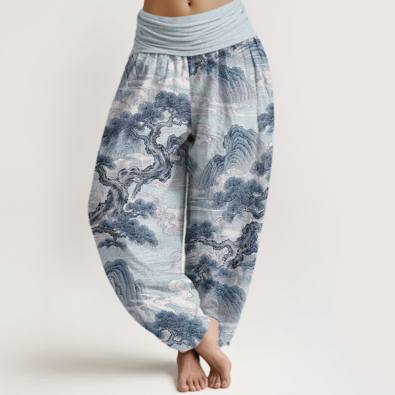 Buddha Stones Pantaloni harem da donna in cotone con stampa paesaggistica e lavaggio a inchiostro, con elastico in vita. - Azzurro polvere - US16, UK/AU20, EU48 (3XL) - image 8
