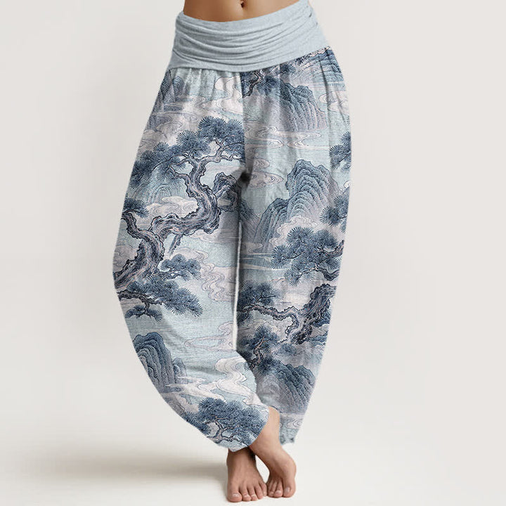 Buddha Stones Pantaloni harem da donna in cotone con stampa paesaggistica e lavaggio a inchiostro, con elastico in vita. - Azzurro polvere - US16, UK/AU20, EU48 (3XL) - image 8