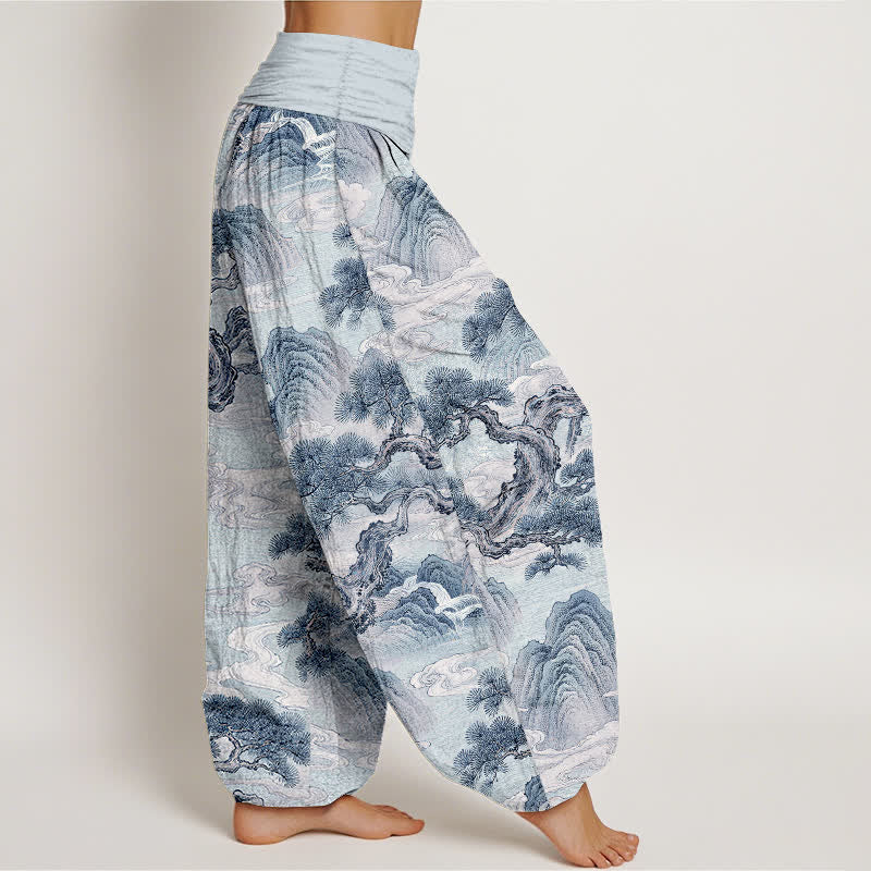 Buddha Stones Pantaloni harem da donna in cotone con stampa paesaggistica e lavaggio a inchiostro, con elastico in vita. - image 9