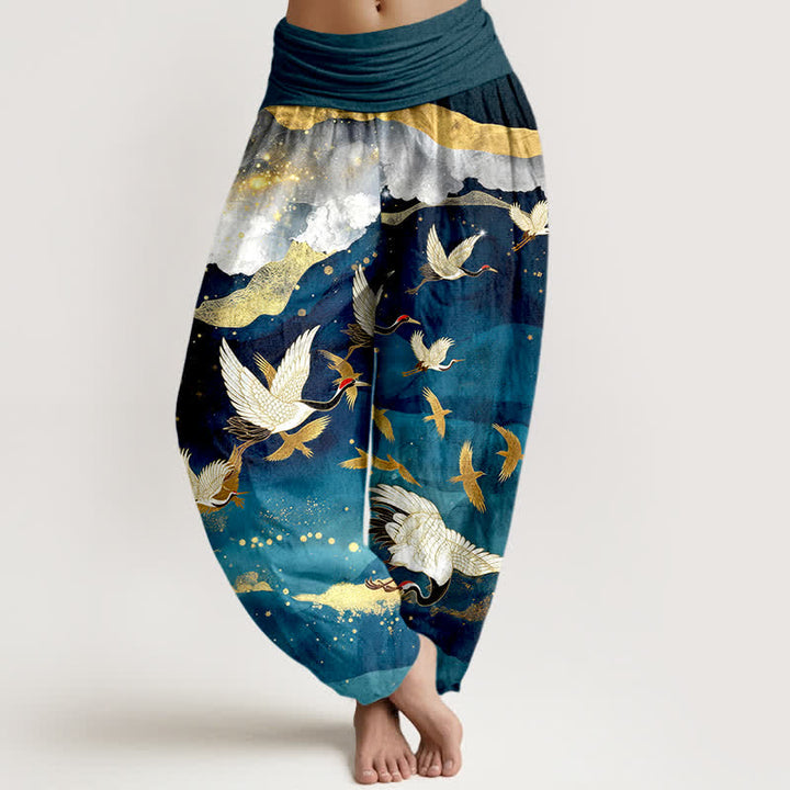 Buddha Stones Pantaloni harem da donna in cotone con motivo gru volante e nuvole dorate, con elastico in vita. - Verde acqua - US16, UK/AU20, EU48 (3XL) - image 0