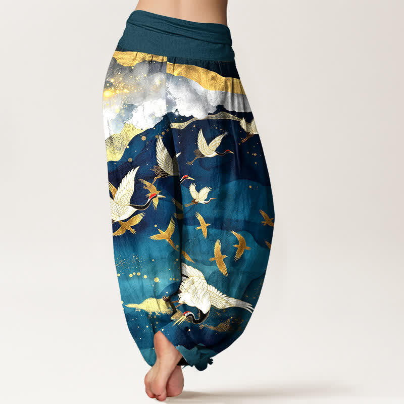 Buddha Stones Pantaloni harem da donna in cotone con motivo gru volante e nuvole dorate, con elastico in vita. - image 2