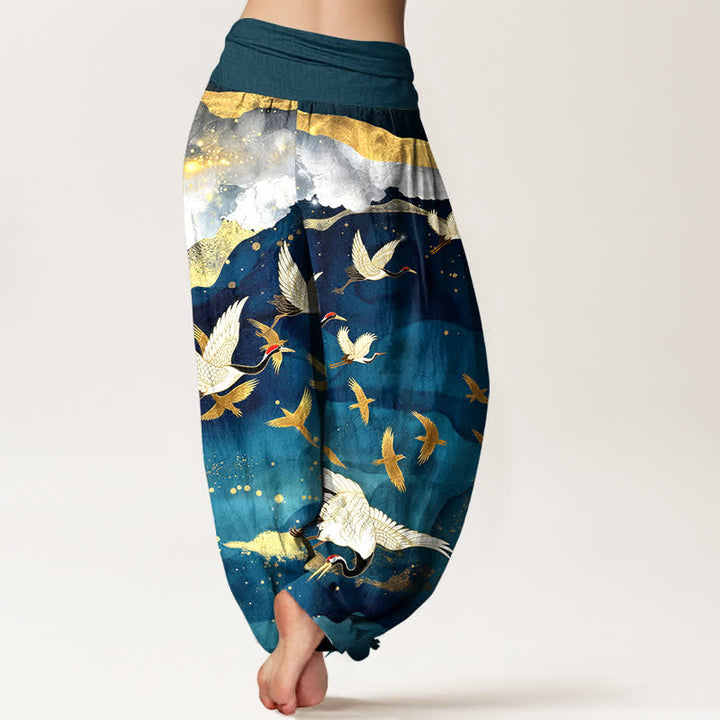 Buddha Stones Pantaloni harem da donna in cotone con motivo gru volante e nuvole dorate, con elastico in vita. - image 2