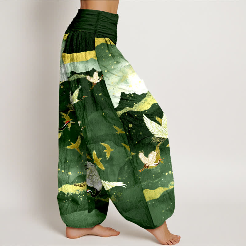 Buddha Stones Pantaloni harem da donna in cotone con motivo gru volante e nuvole dorate, con elastico in vita. - image 6