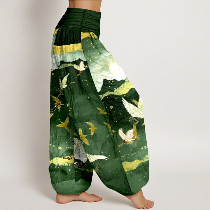 Buddha Stones Pantaloni harem da donna in cotone con motivo gru volante e nuvole dorate, con elastico in vita. - image 6