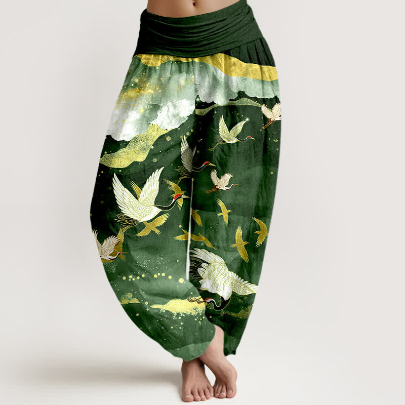 Buddha Stones Pantaloni harem da donna in cotone con motivo gru volante e nuvole dorate, con elastico in vita. - Verde scuro - US16, UK/AU20, EU48 (3XL) - image 5