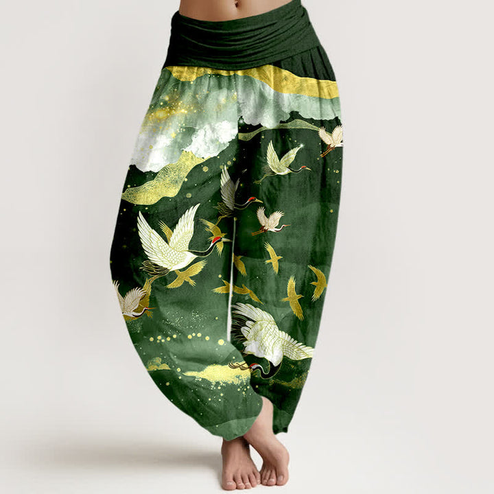 Buddha Stones Pantaloni harem da donna in cotone con motivo gru volante e nuvole dorate, con elastico in vita. - Verde scuro - US16, UK/AU20, EU48 (3XL) - image 5