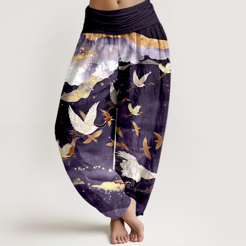 Buddha Stones Pantaloni harem da donna in cotone con motivo gru volante e nuvole dorate, con elastico in vita. - Indaco - US16, UK/AU20, EU48 (3XL) - image 8