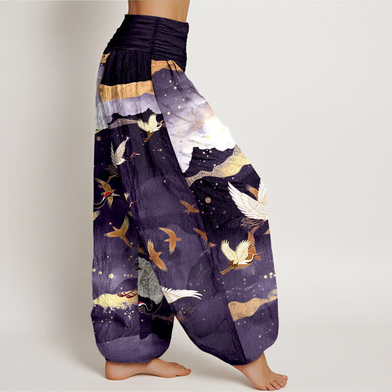 Buddha Stones Pantaloni harem da donna in cotone con motivo gru volante e nuvole dorate, con elastico in vita. - image 9