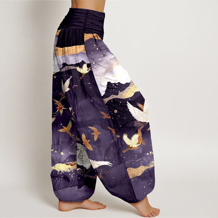 Buddha Stones Pantaloni harem da donna in cotone con motivo gru volante e nuvole dorate, con elastico in vita. - image 9