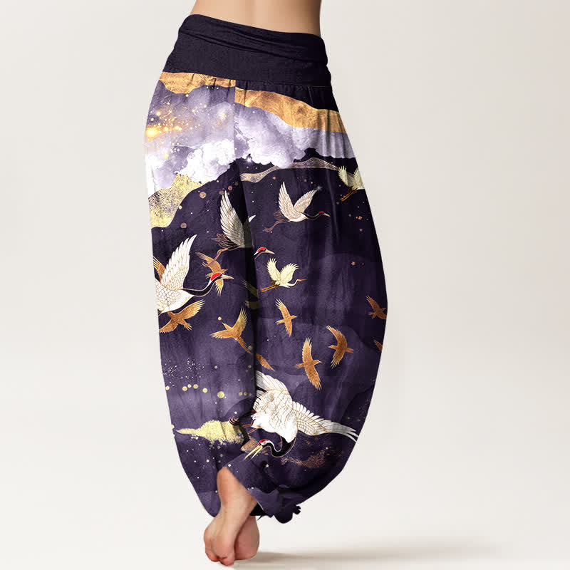 Buddha Stones Pantaloni harem da donna in cotone con motivo gru volante e nuvole dorate, con elastico in vita. - image 10