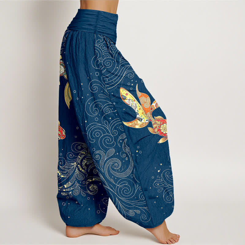 Buddha Stones Pantaloni harem da donna in cotone con motivo a spirale di pesci koi e vita elasticizzata. - image 6