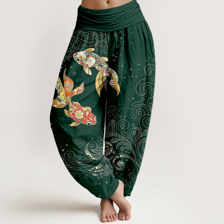Buddha Stones Pantaloni harem da donna in cotone con motivo a spirale di pesci koi e vita elasticizzata. - Verde scuro - US16, UK/AU20, EU48 (3XL) - image 8