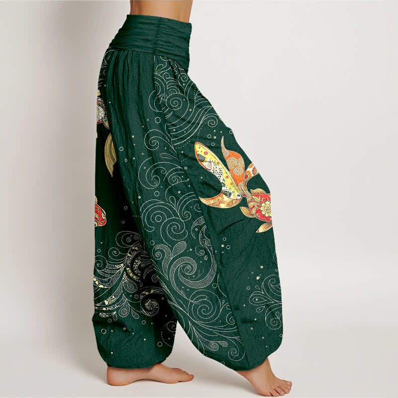 Buddha Stones Pantaloni harem da donna in cotone con motivo a spirale di pesci koi e vita elasticizzata. - image 9