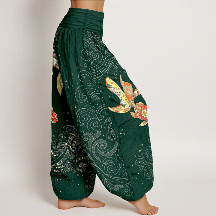 Buddha Stones Pantaloni harem da donna in cotone con motivo a spirale di pesci koi e vita elasticizzata. - image 9
