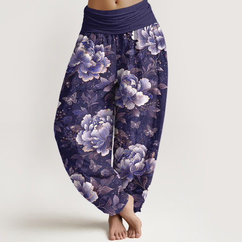 Buddha Stones Pantaloni harem da donna in cotone con motivo peonie e farfalle, con elastico in vita. - Indaco - US16, UK/AU20, EU48 (3XL) - image 5
