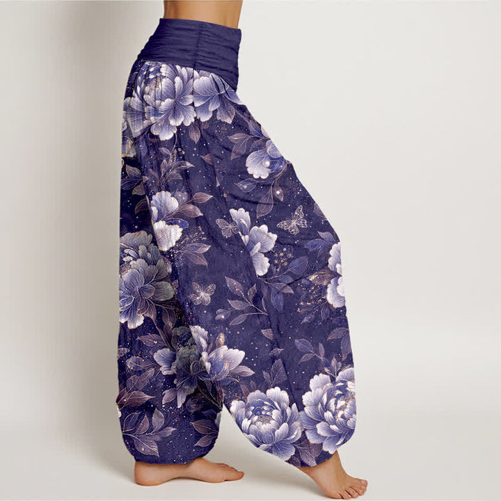 Buddha Stones Pantaloni harem da donna in cotone con motivo peonie e farfalle, con elastico in vita. - image 6
