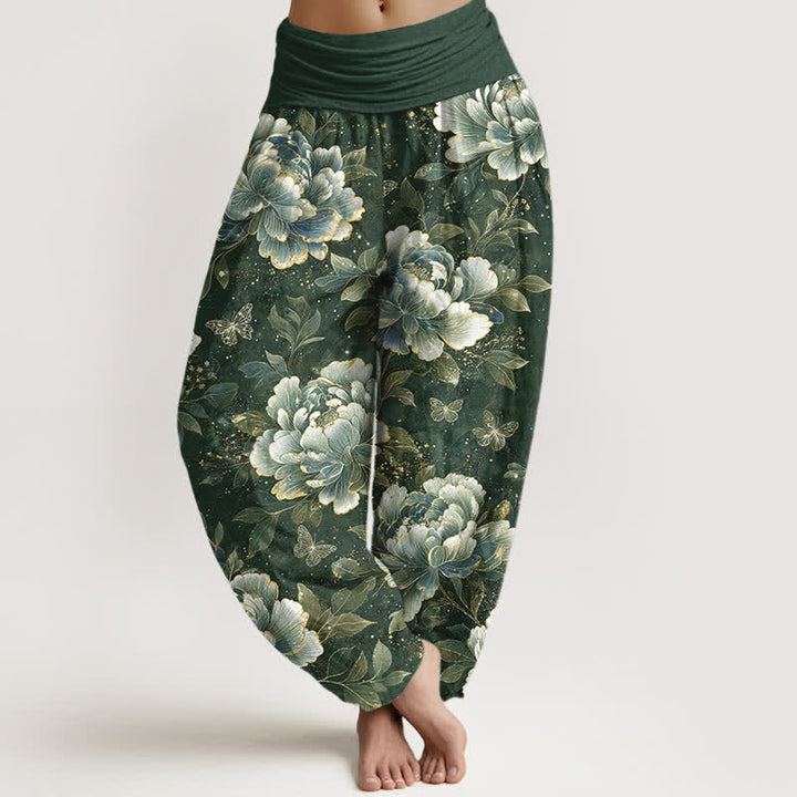 Buddha Stones Pantaloni harem da donna in cotone con motivo peonie e farfalle, con elastico in vita. - Verde mare - US16, UK/AU20, EU48 (3XL) - image 8