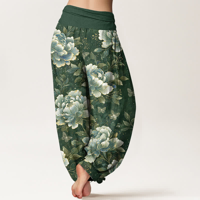 Buddha Stones Pantaloni harem da donna in cotone con motivo peonie e farfalle, con elastico in vita. - image 10