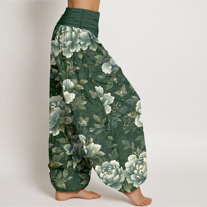 Buddha Stones Pantaloni harem da donna in cotone con motivo peonie e farfalle, con elastico in vita. - image 9