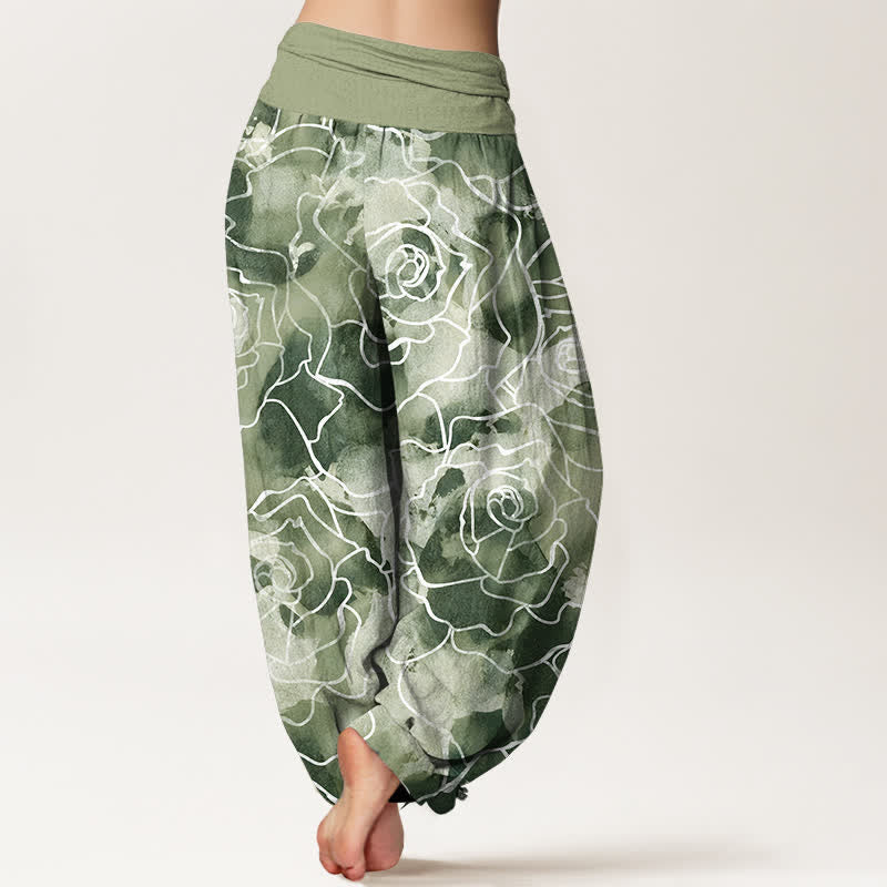 Buddha Stones Pantaloni harem da donna in cotone bianco con motivo a rose stilizzate e vita elasticizzata. - image 2