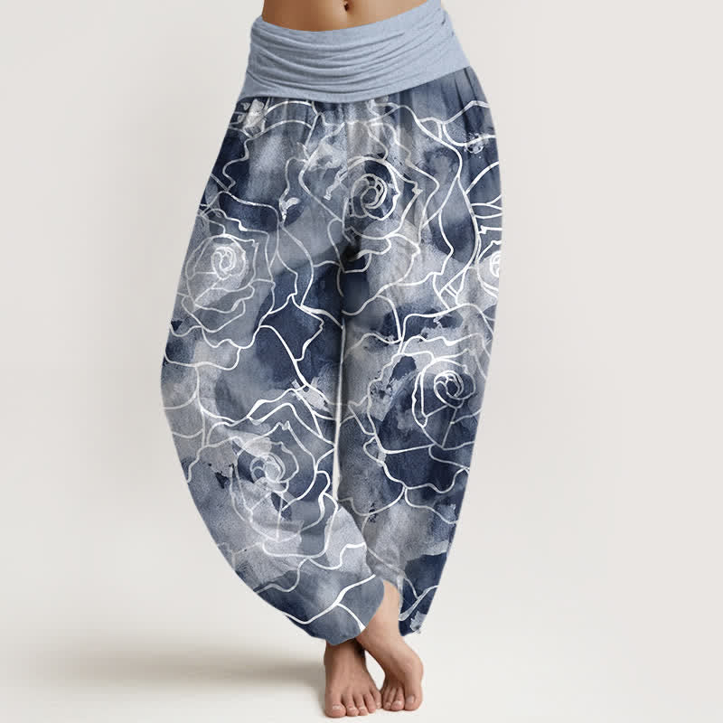 Buddha Stones Pantaloni harem da donna in cotone bianco con motivo a rose stilizzate e vita elasticizzata. - Azzurro chiaro - US16, UK/AU20, EU48 (3XL) - image 5