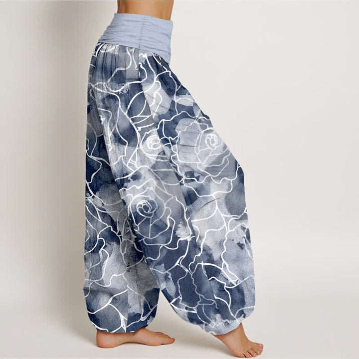 Buddha Stones Pantaloni harem da donna in cotone bianco con motivo a rose stilizzate e vita elasticizzata. - image 6
