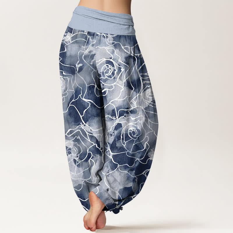 Buddha Stones Pantaloni harem da donna in cotone bianco con motivo a rose stilizzate e vita elasticizzata. - image 7