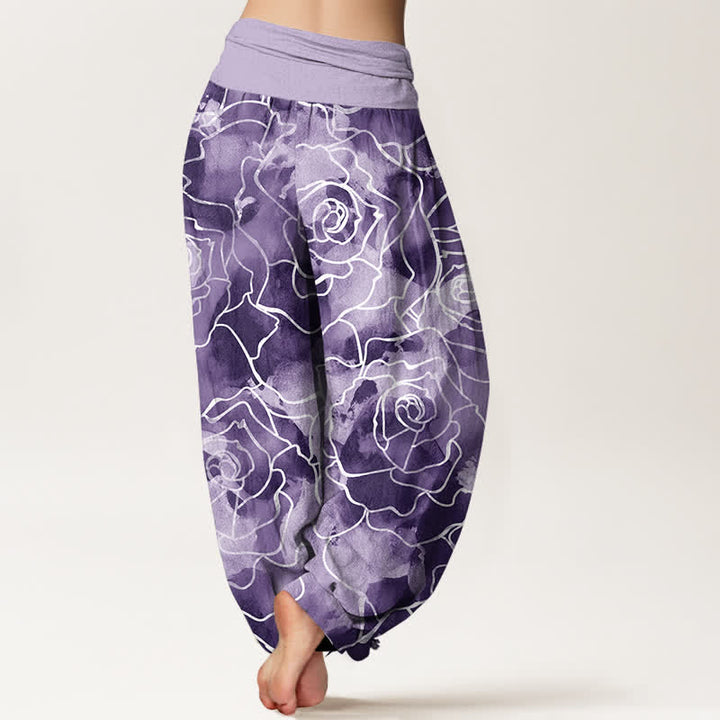 Buddha Stones Pantaloni harem da donna in cotone bianco con motivo a rose stilizzate e vita elasticizzata. - image 10