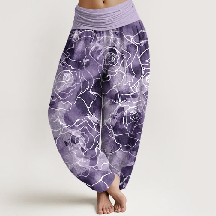 Buddha Stones Pantaloni harem da donna in cotone bianco con motivo a rose stilizzate e vita elasticizzata. - Viola medio - US16, UK/AU20, EU48 (3XL) - image 8